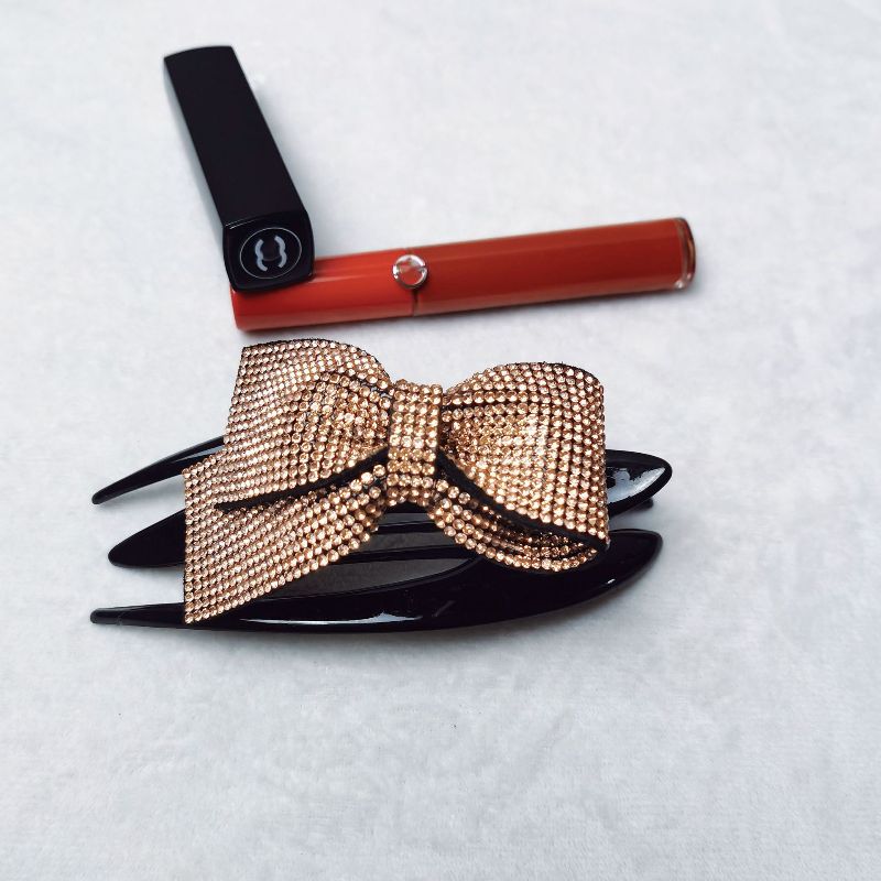 Ribbon hair clips for women, handcrafted fabric with hot diamonds, bow, rhinestone and straight clips, simple hair accessories Specification image
