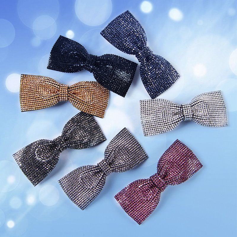 Handcrafted fabric hot diamond hair clips, women's bow tie hair accessories, medium-sized bow tie spring clips details Picture
