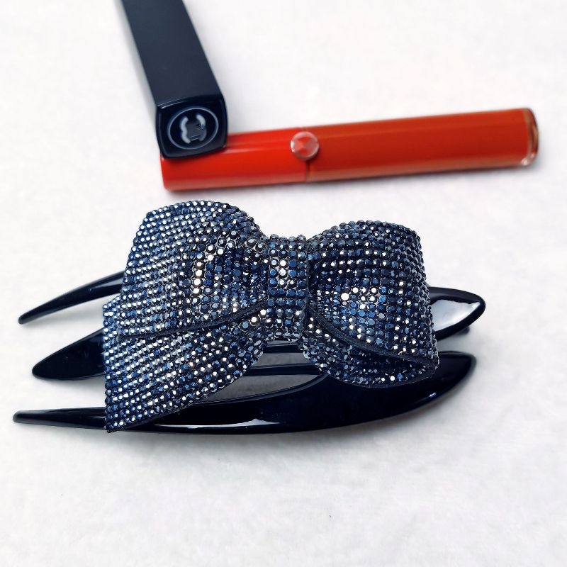 Ribbon hair clips for women, handcrafted fabric with hot diamonds, bow, rhinestone and straight clips, simple hair accessories details Picture