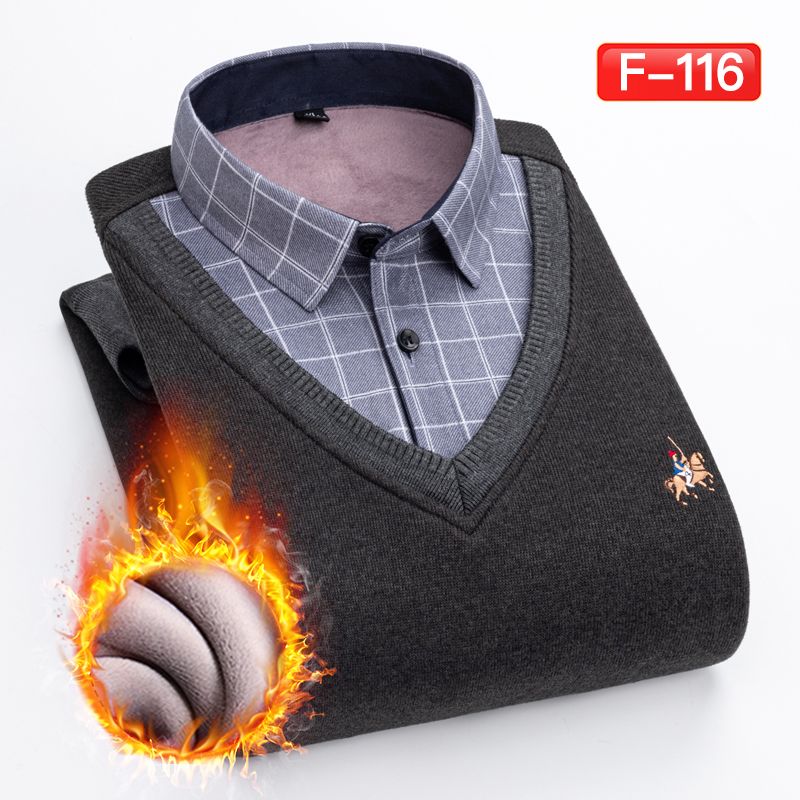 Men's two-piece sweater and shirt collar trendy, fashionable and casual men's top, winter base knitted sweater for men details Picture