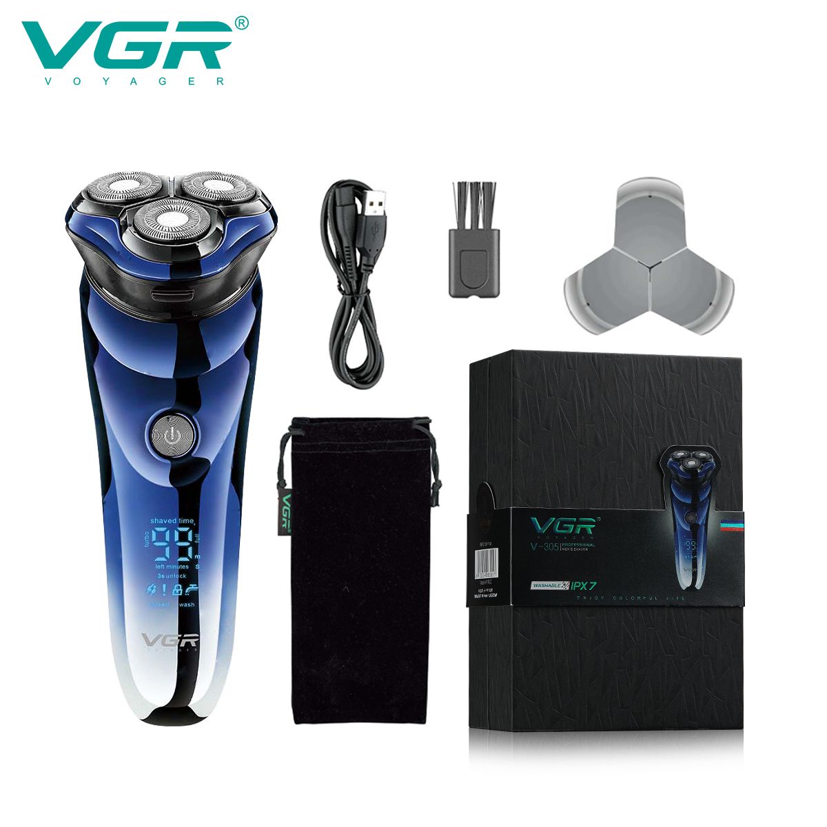 VGR V-305 washable shaver waterproof IPX7 for men electric shaver for men razor with LED display travel Specification drawing