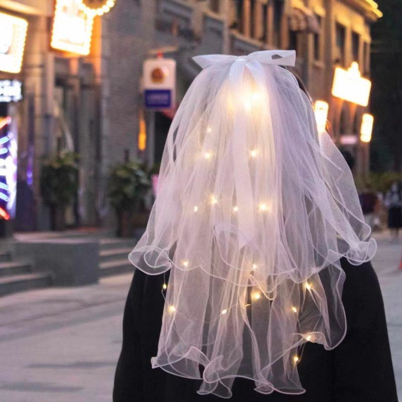 Net Red Luminous Veil Double Adult Children Bow Veil With Light License Photo Headwear Wholesale Stall Application Scenario
