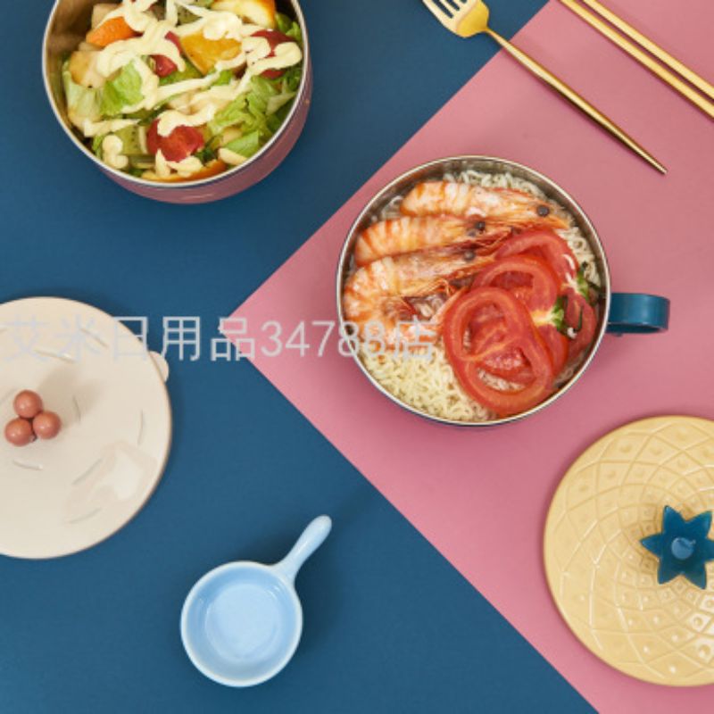 Creative cartoon pineapple stainless steel foam bowl Children's ironing proof lunch box with cover Student portable bowl insulated lunch box ML-6015