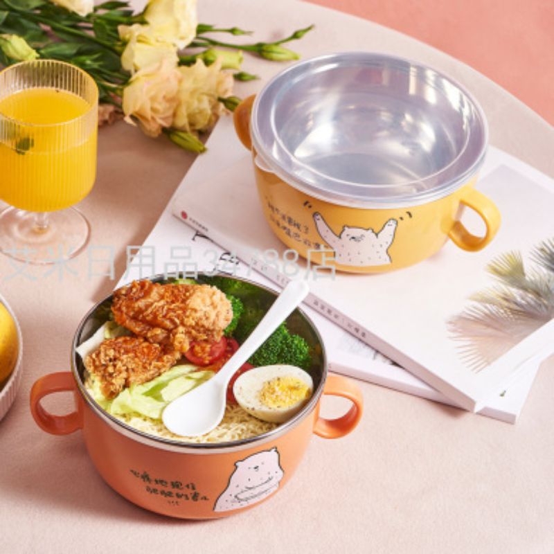 泡面碗创意双耳小熊泡面碗不锈钢学生便当盒双层隔热方便面碗汤碗ML-6004详情图5