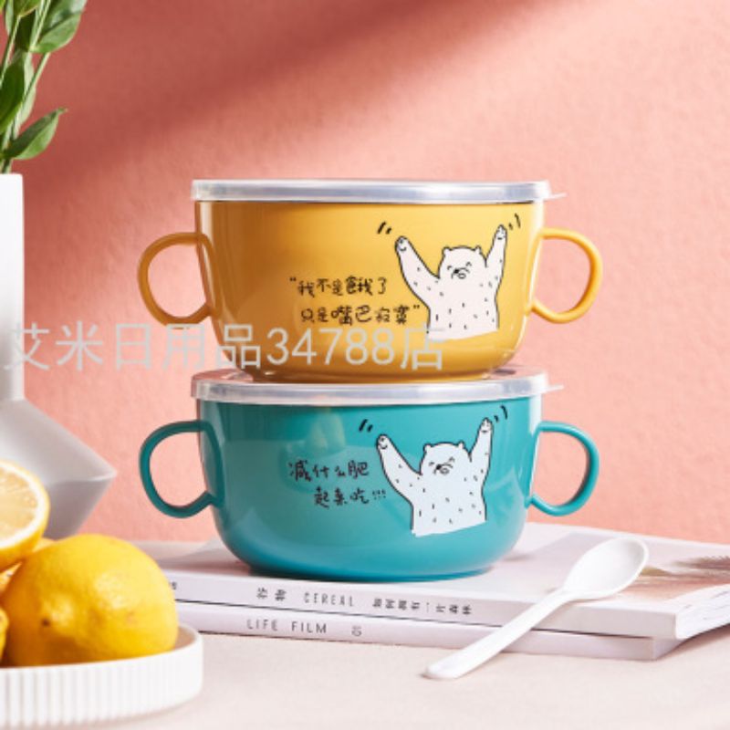 泡面碗创意双耳小熊泡面碗不锈钢学生便当盒双层隔热方便面碗汤碗ML-6004详情图3