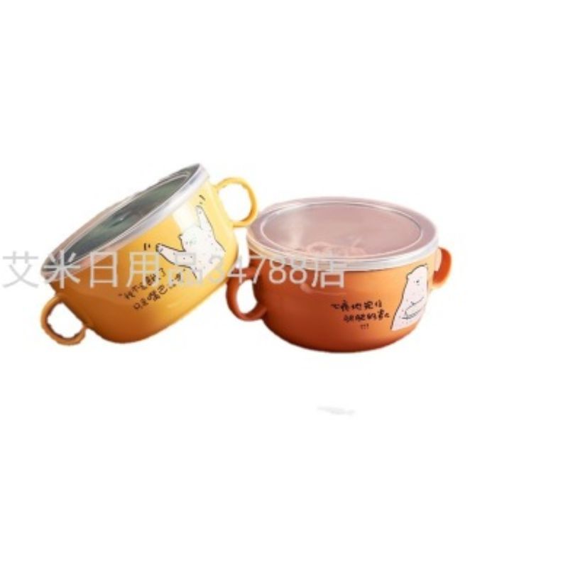 泡面碗创意双耳小熊泡面碗不锈钢学生便当盒双层隔热方便面碗汤碗ML-6004详情图2