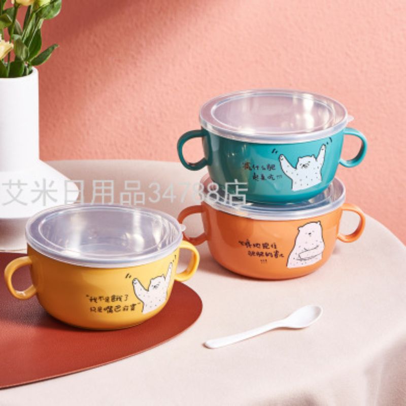 泡面碗创意双耳小熊泡面碗不锈钢学生便当盒双层隔热方便面碗汤碗ML-6004详情图4