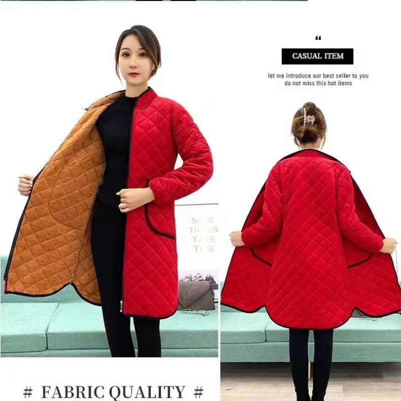 Red Padded Coat With Diagonal Check
