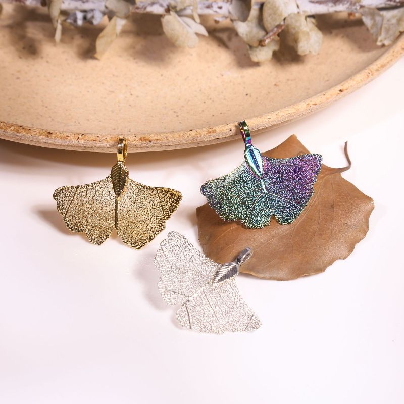 Cross-border natural colored tree leaf earrings, jewelry accessories, cut ginkgo leaf gold-plated necklaces and pendants for export wholesale