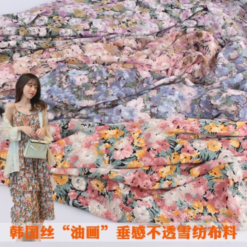 2021新款桔梗法式韩国丝复古油画连衣裙印花服装布料垂感不透面料