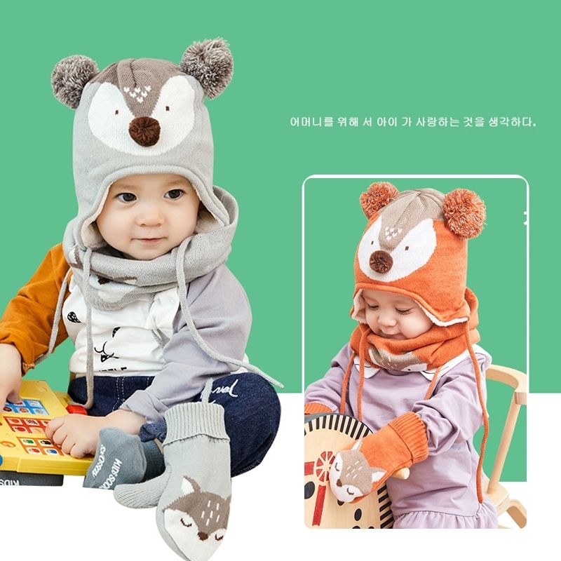 Woolly Hat Industry Children's Cartoon Three-Piece Hat Scarf Gloves Knitted Hat Small Fox Woolen Hat