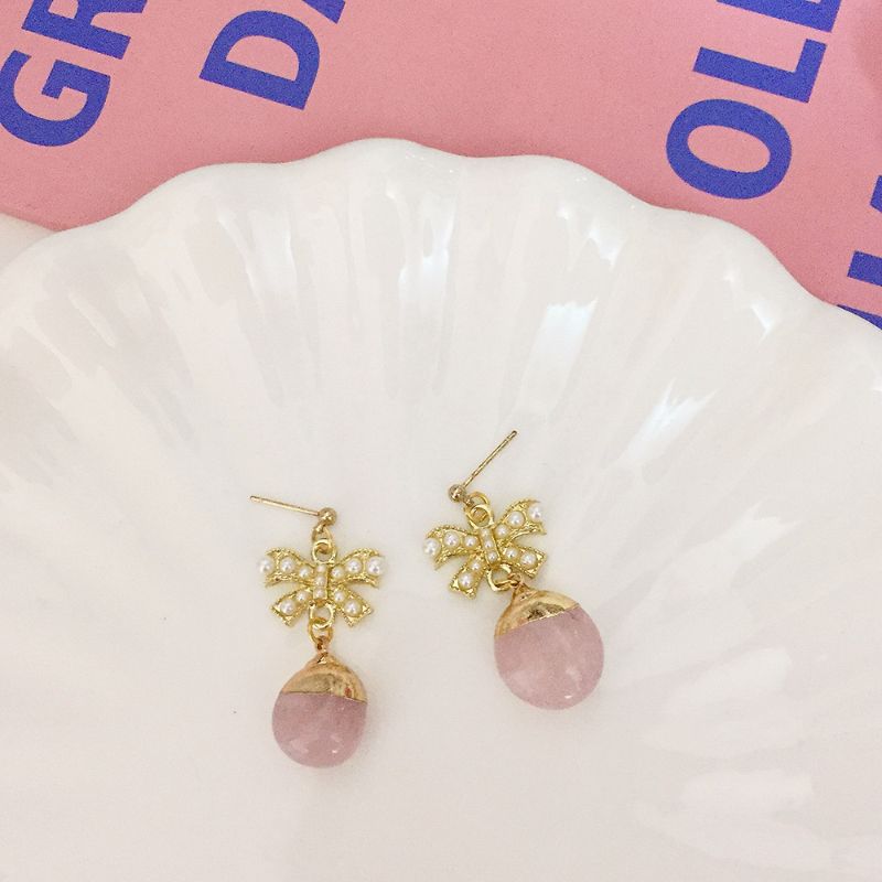 珍珠蝴蝶结粉色石头耳钉粉色小石头镶嵌耳饰小仙女甜美可爱耳环 设计师款