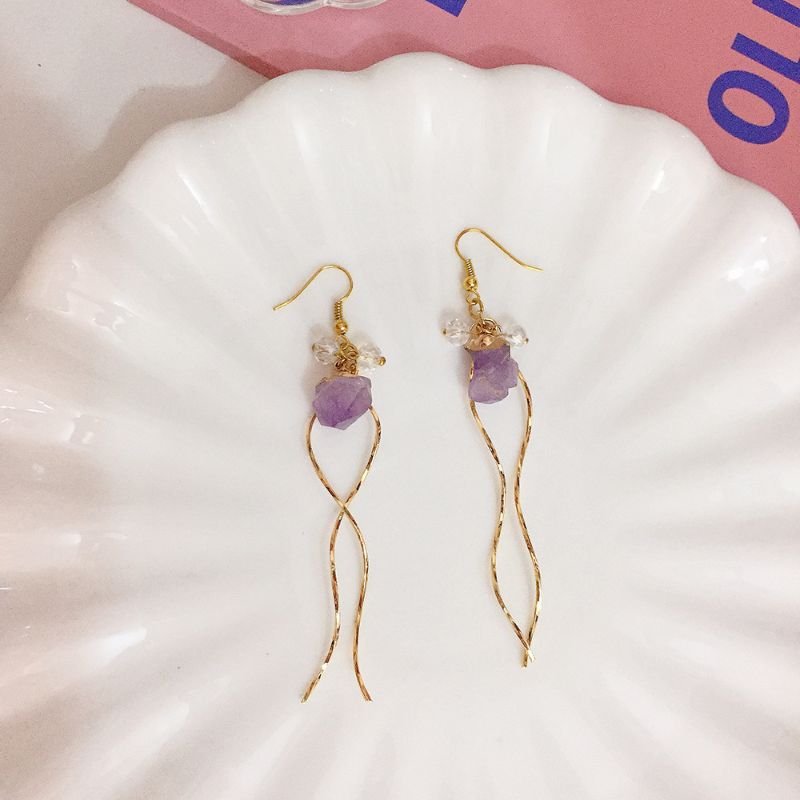 水晶珠珠紫色石头流苏耳钉天然造型紫色小石头搭配金属流苏耳环