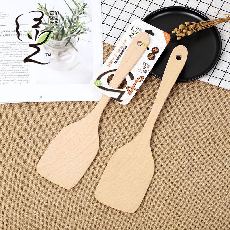 Spatula made of beech wood, 30*7.5CM, frying pan, flat spatula, rice spatula, rice spoon, rice cooker, non-stick pan, 2 rice spoons full figure