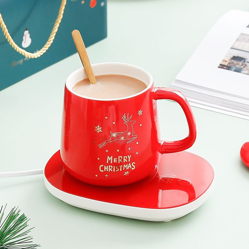 Christmas 55-degree constant temperature cup, ceramic mug, smart heating coaster, lid, spoon handle, universal set, personal business gift box details Picture