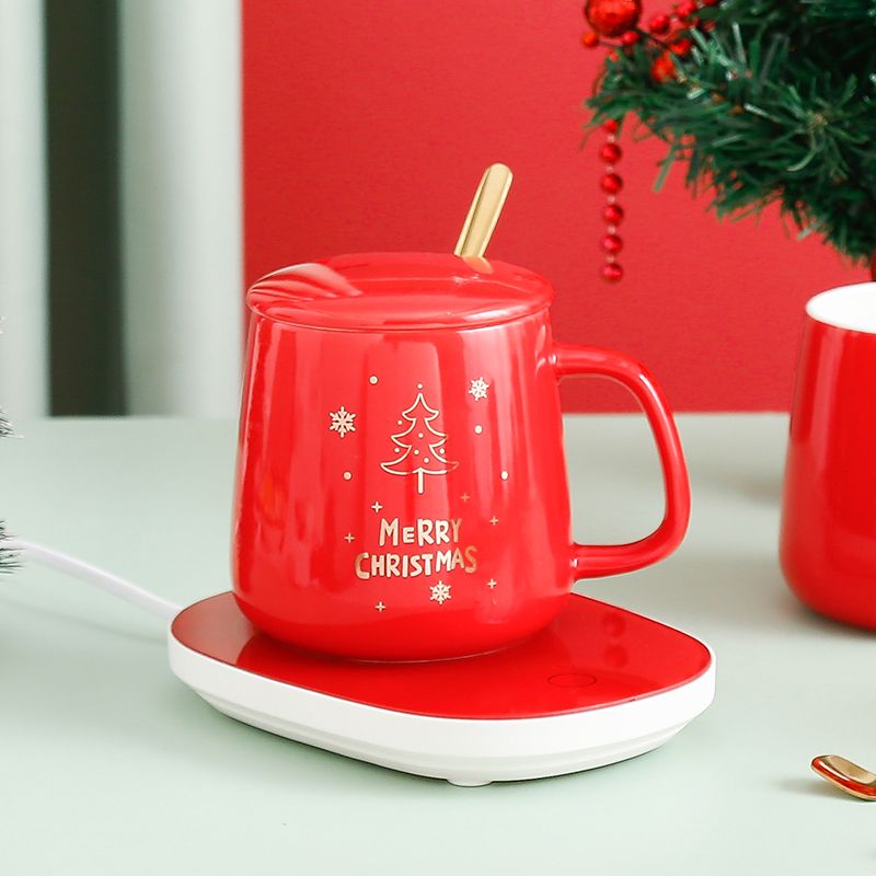 Christmas 55-degree constant temperature cup, ceramic mug, smart heating coaster, lid, spoon handle, universal set, personal business gift box