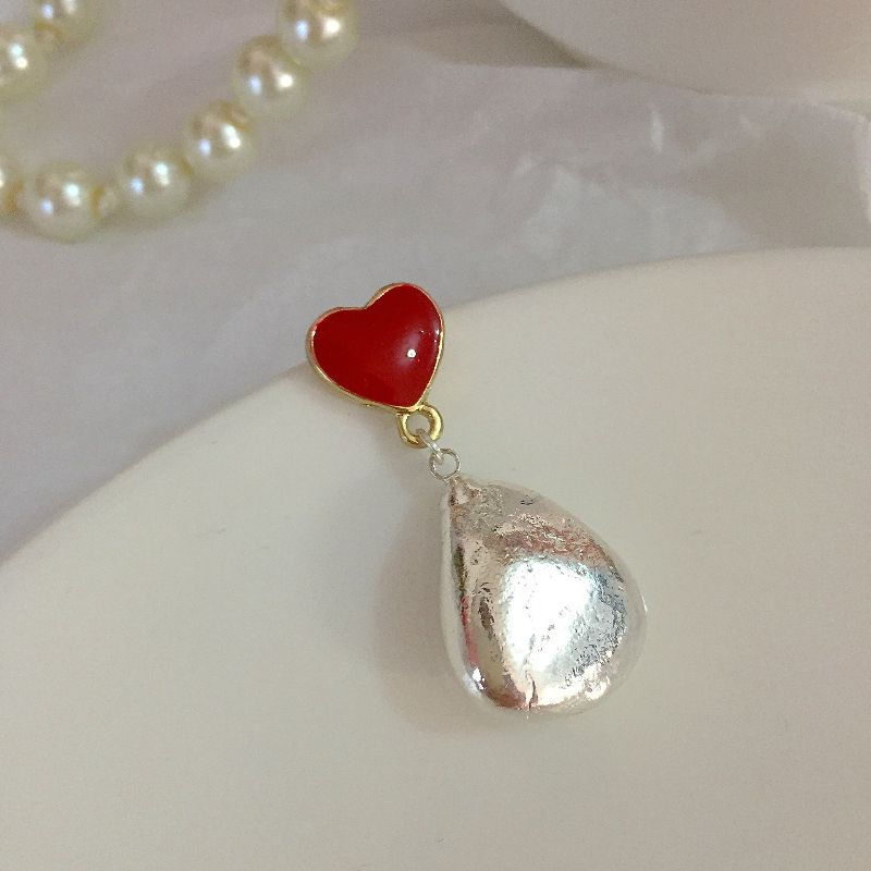 Creative earrings: Red heart-shaped earrings, silver stream stone earrings, cute and retro dress accessory earrings for ladies details Picture
