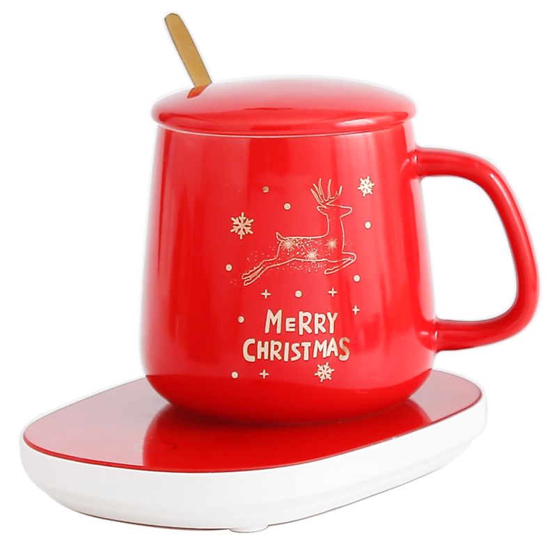 Christmas 55-degree constant temperature cup, ceramic mug, smart heating coaster, lid, spoon handle, universal set, personal business gift box Item Picture