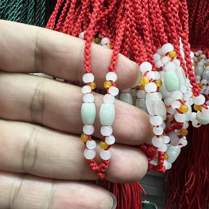 Hand-woven jade millet beads with 3mm small yellow jade beads, adjustable red string, black string, dark green string, coffee string, necklace string