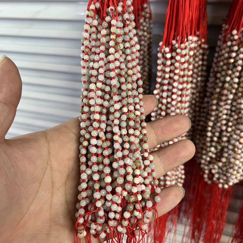Jade pendant, hand-woven natural jadeite 4mm yuan bead, A-grade red string necklace rope Item Picture