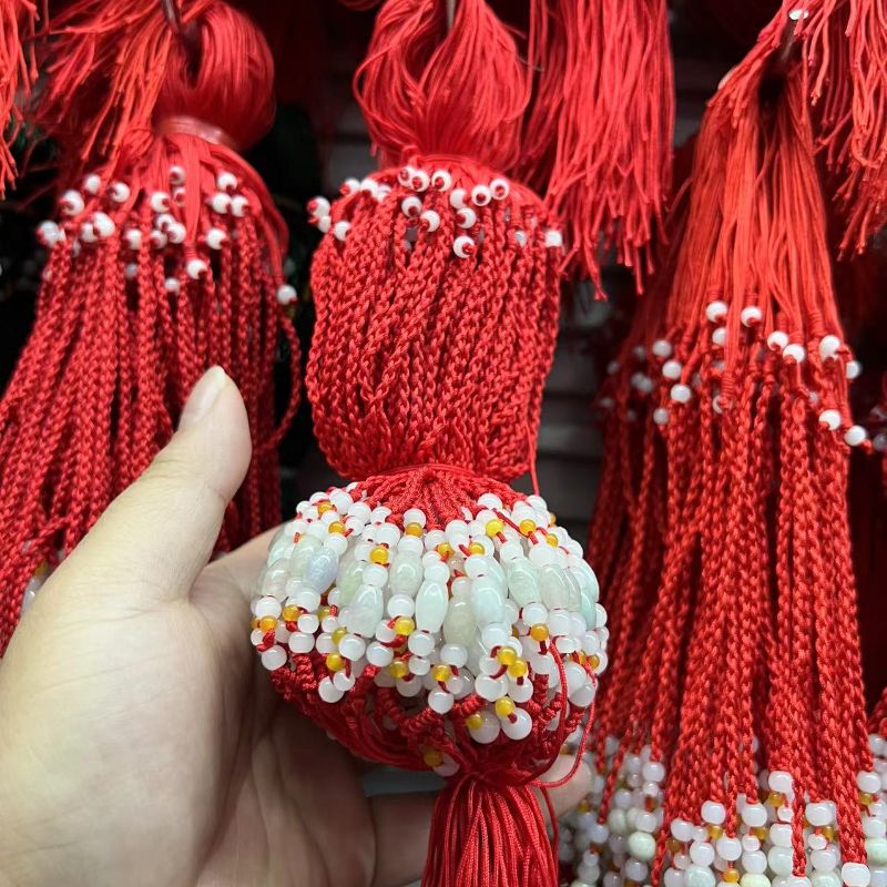 Hand-woven jade millet beads with 3mm small yellow jade beads, adjustable red string, black string, dark green string, coffee string, necklace string details Picture