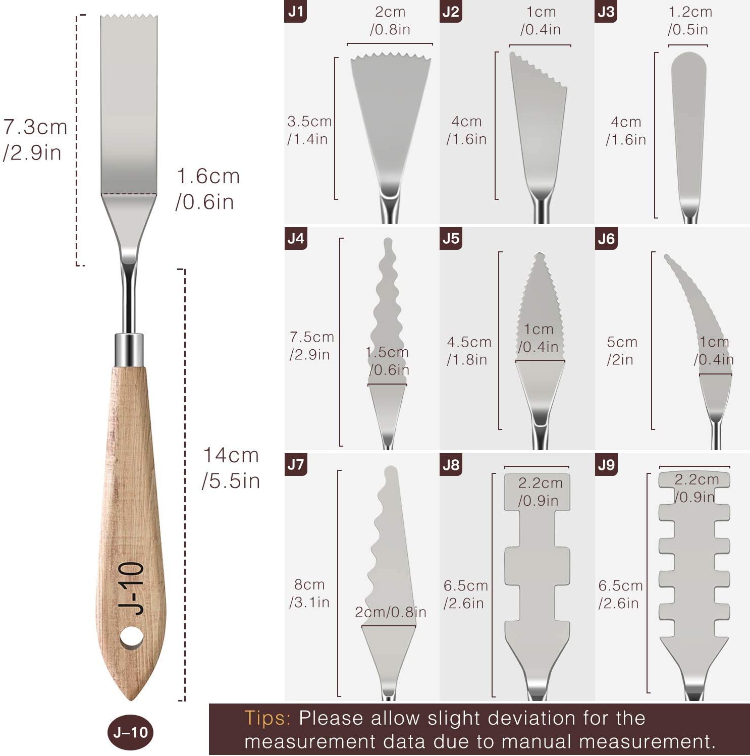 Amazon Wooden handle natural wood color stainless steel color palette knife Oil Painting scraper set 10-piece, 20-piece set Specification image