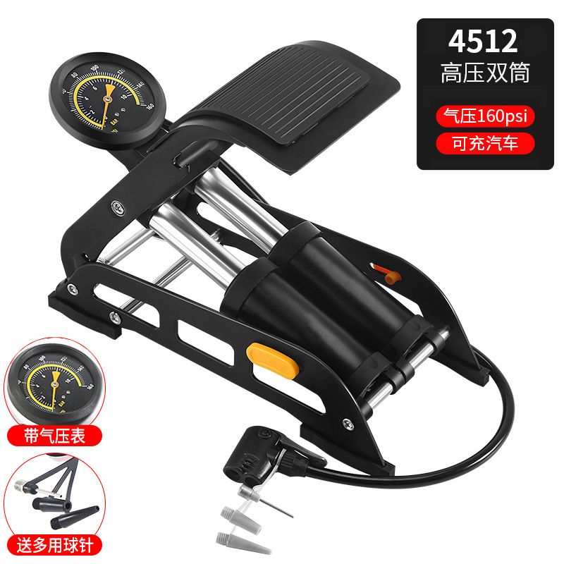 4512 Bicycle double-cylinder pedal air pump with pressure gauge, folding car, motorcycle, bicycle pedal air pump, air pump