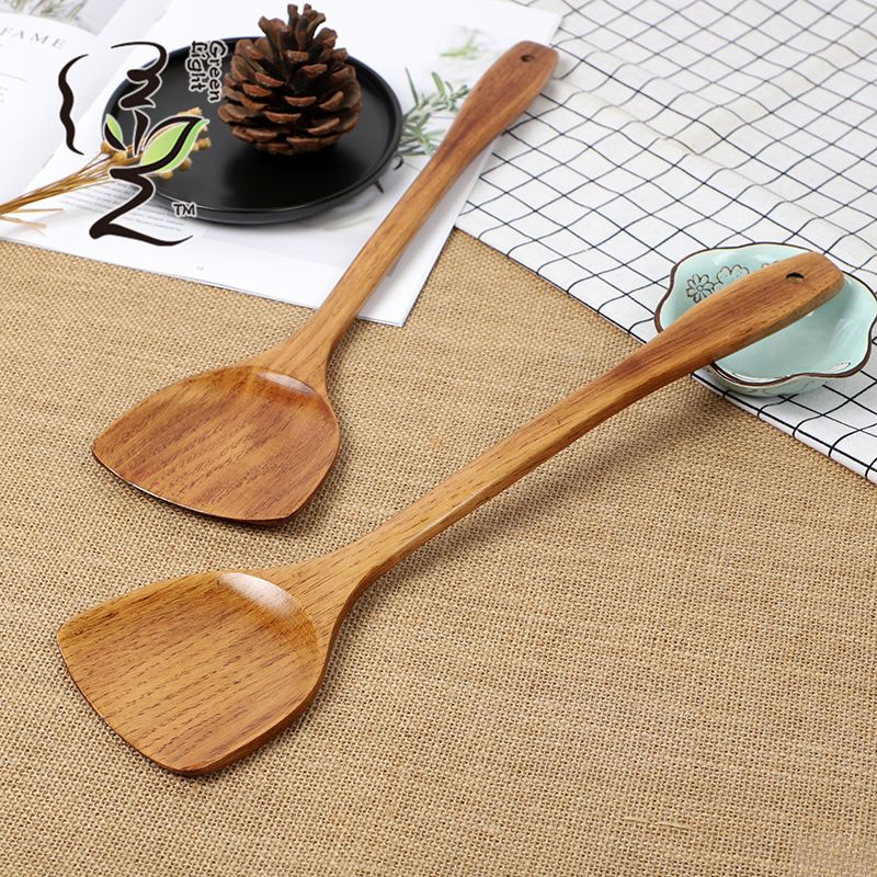 Green light card-inserting large spatula 39*9.8CM non-stick spatula, household non-stick spatula, wooden spoon, high-temperature resistant wooden stir-frying spatula Specification drawing