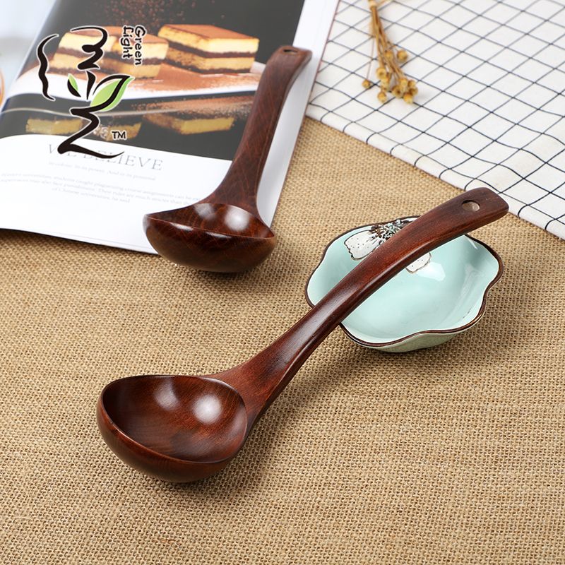 Green light card insert old lacquer fine medium soup spoon 24*7.5CM long handle wooden soup spoon, household wooden spoon, large soup spoon, Japanese ramen spoon, and spoon for serving porridge and rice Specification image