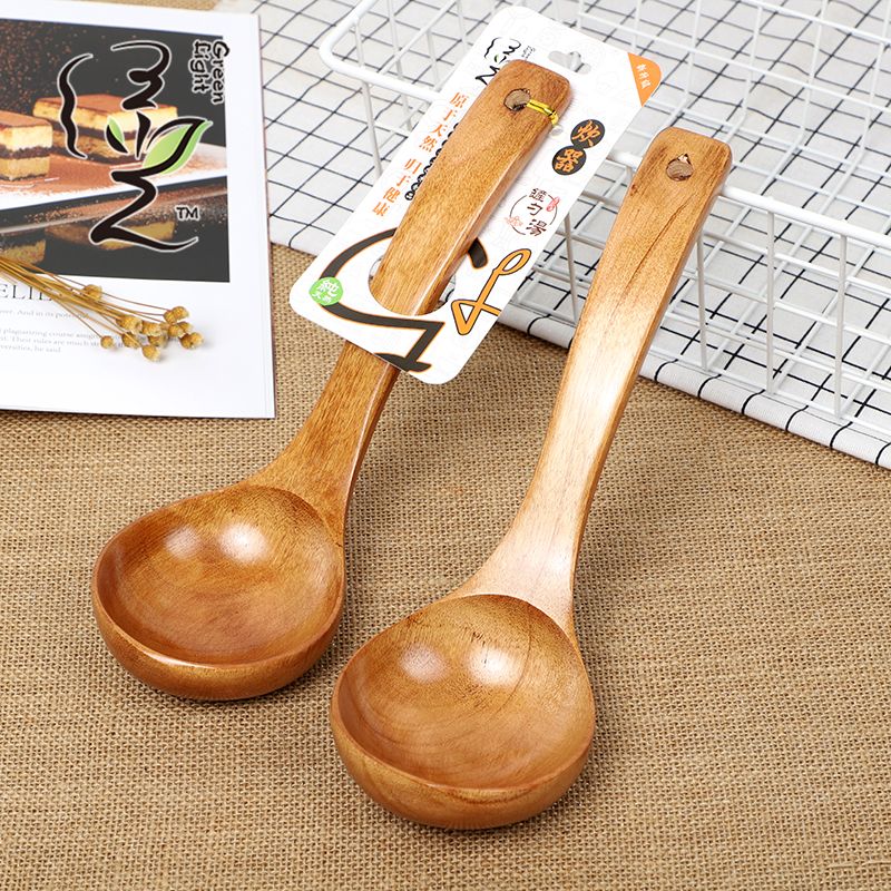 Green Light Card Insert Premium large soup Spoon 27.5*9CM long-handled wooden soup spoon, household wooden spoon, large soup spoon, Japanese ramen spoon, porridge and rice serving spoon full figure