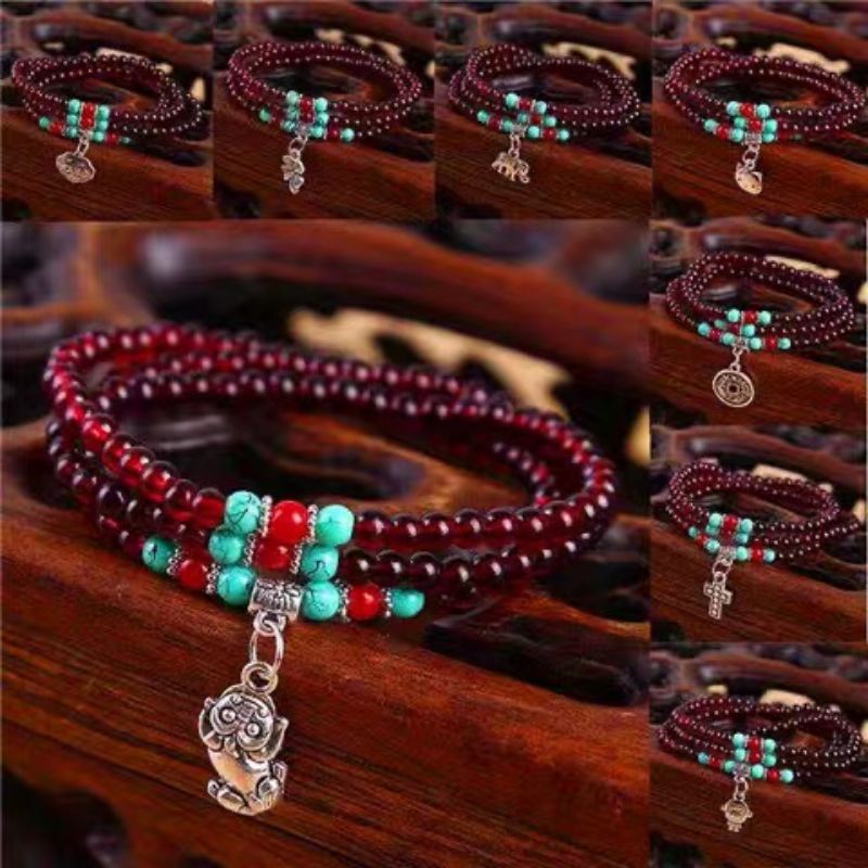 仿石榴石手链厂家批发串珠藏银6mm石榴石手链图