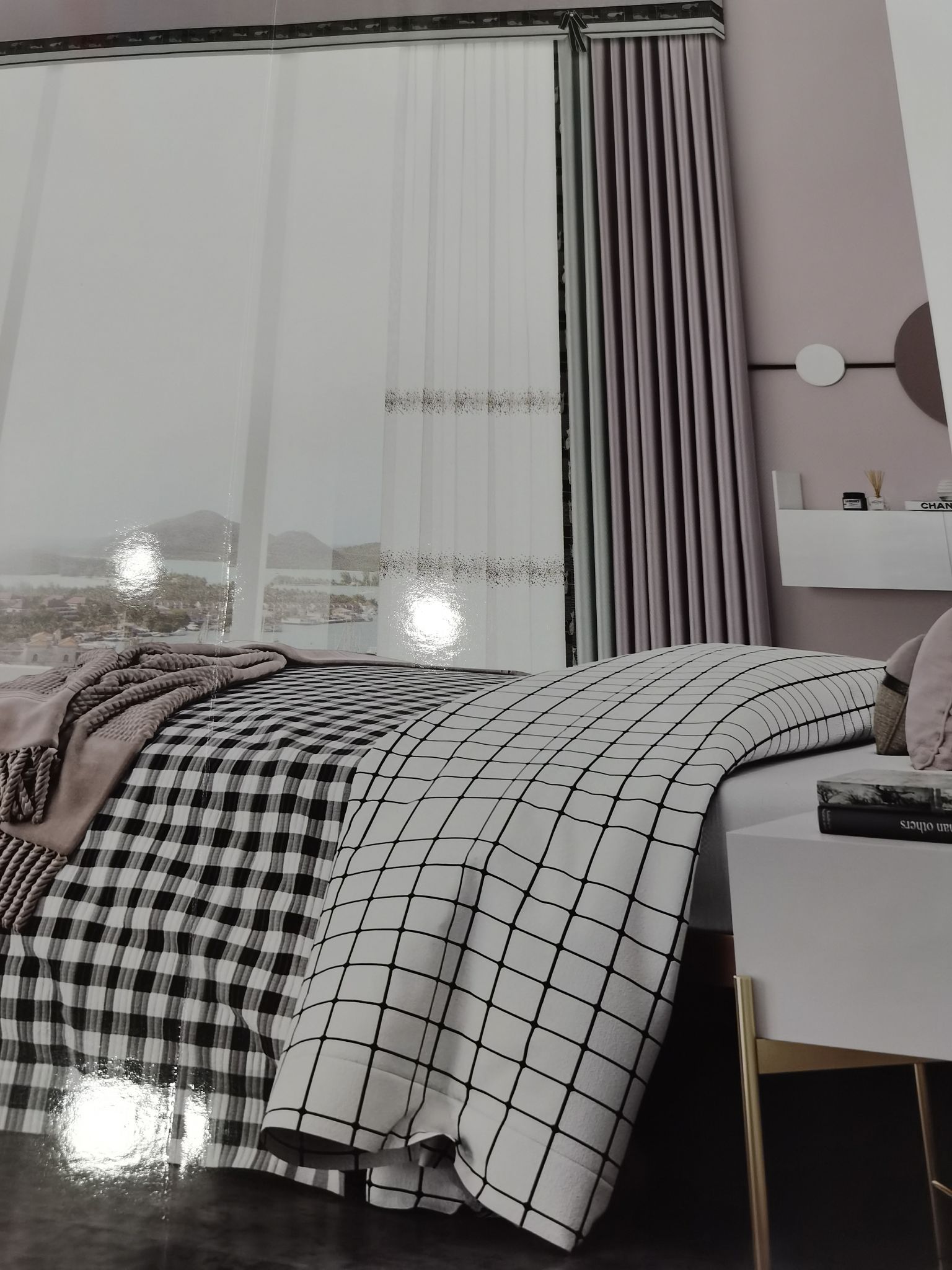 Double-Sided Cotton And Linen Jacquard Seamless Splicing Living Room Bedroom Dormitory Fashion Curtain Gray Purple Specification drawing