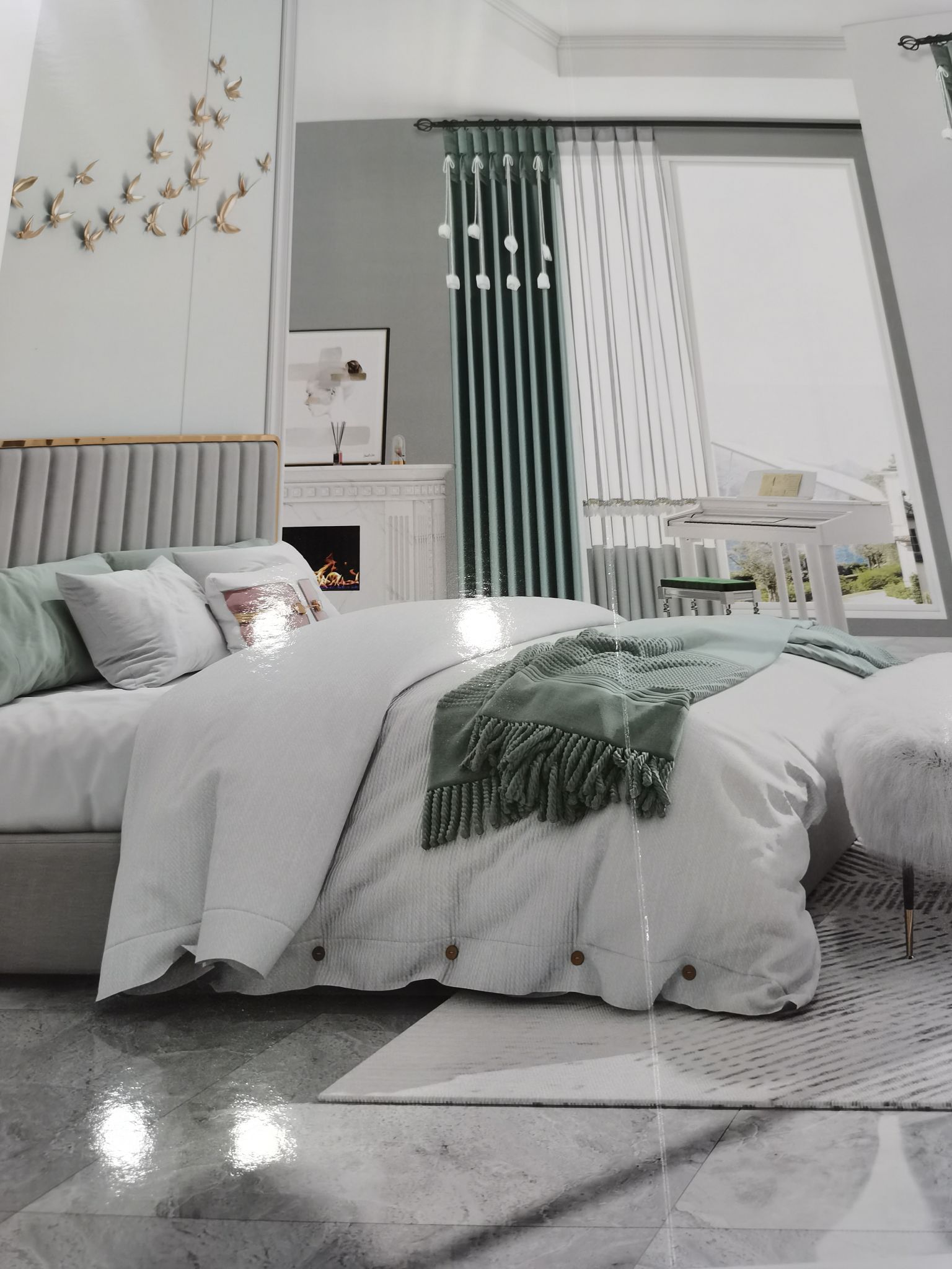 Double Sided Cotton Linen Jacquard Seamless Splicing Living Room Bedroom Dormitory Fashion Curtain Light Green details Picture