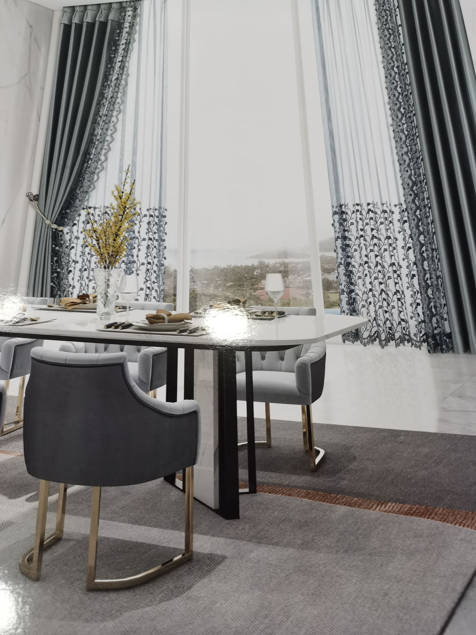 Double-Sided Cotton And Linen Jacquard Seamless Splicing Living Room Bedroom Dormitory Fashion Curtain Gray Blue Specification drawing