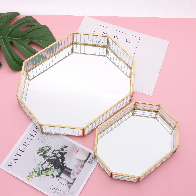 Geometric polygon glass storage tray vertical grain glass mirror jewelry gift box desktop storage DIY ornaments