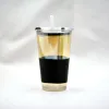 J Jiuxiang Glass JXCX1560 Straw Cup, Aurora Glass Cup, Best-selling covered InS-style milk tea straw water cup, breakfast cup, soft cup sleeve, amber and smoke gray straw cup details Picture