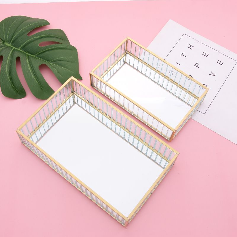 Geometric quadrilateral vertical stripe glass storage tray mirror jewelry box desktop storage DIY ornaments thumbnail