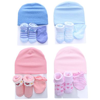 Pure cotton side cartoon baby socks solid color striped newborn socks gloves hat set thumbnail