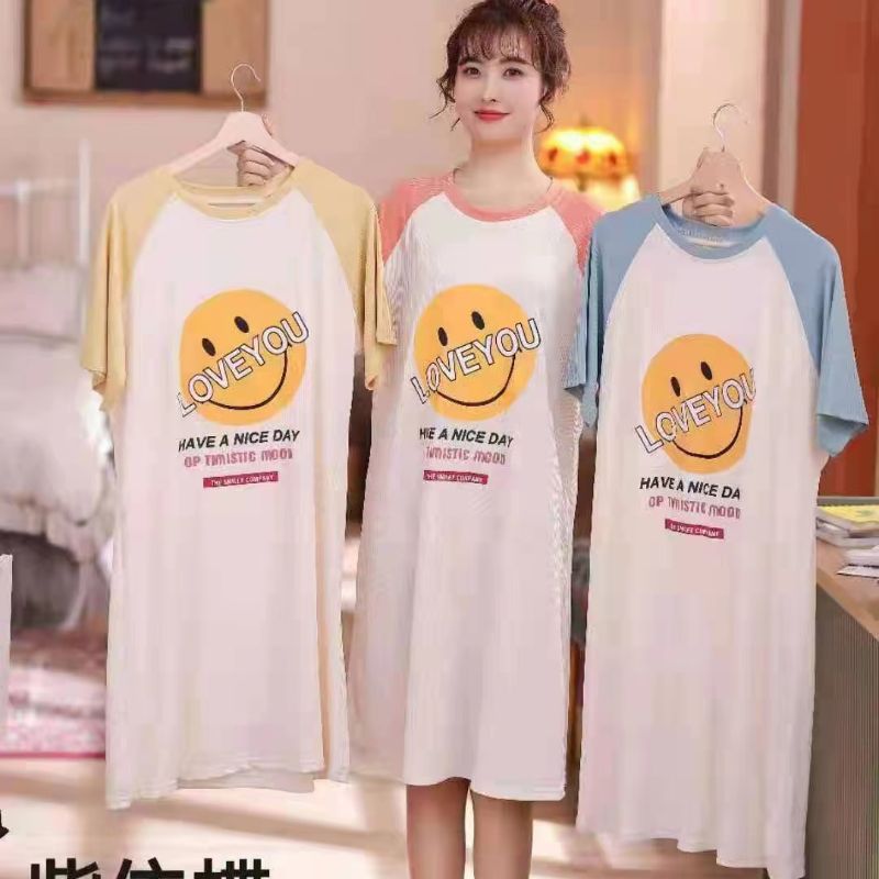 Short sleeve nightdress Ladies summer thin pure cotton cool ribbed print short sleeve smiling face cute skirt large size new cotton nightdress home thumbnail
