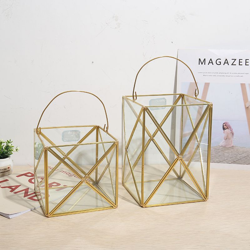 Geometric quadrangle golden glass greenhouse micro landscape Fleshy immortal flower handle candle holder DIY decoration tabletop decoration thumbnail