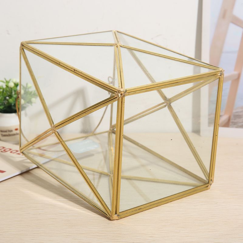 Geometric quadrilateral golden glass greenhouse micro-landscape, succulent everlasting flower, hand-held candlestick DIY decorative item, desktop decoration Item Picture