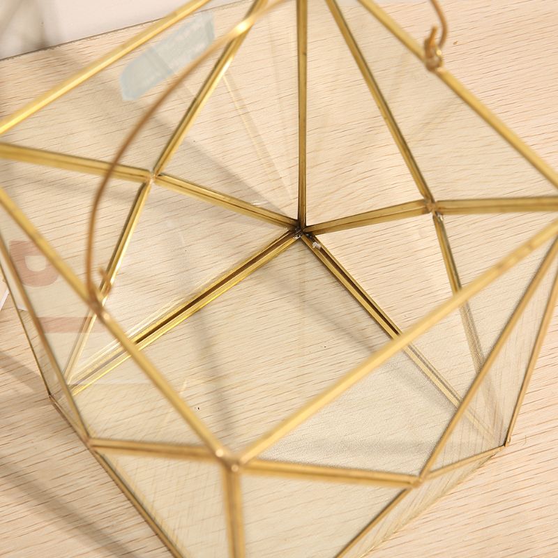 Geometric quadrilateral golden glass greenhouse micro-landscape, succulent everlasting flower, hand-held candlestick DIY decorative item, desktop decoration Application Scenario