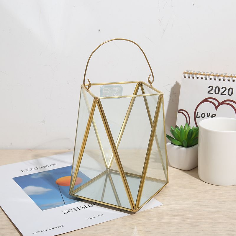 Geometric quadrilateral golden glass flower house micro-landscape succulent everlasting flower handle gift box DIY decorative item desktop decoration Specification image