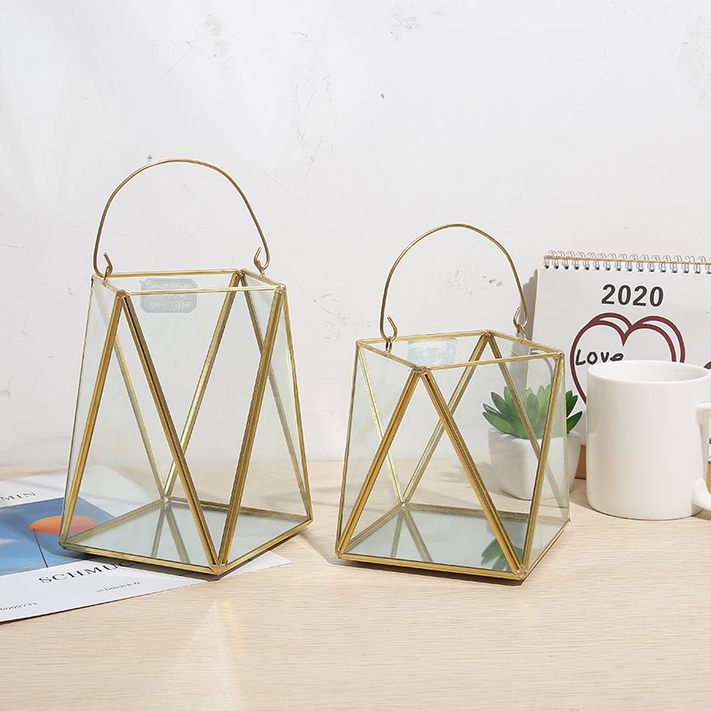 几何四边形金色玻璃花房微景观多肉永生花提手礼盒DIY摆件桌面装饰品