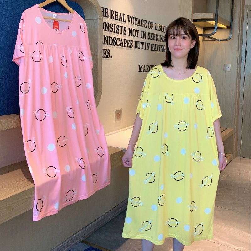 Pajama woman summer women short sleeve printing large size loose thin medium long pajama home dress nightdress can be worn outside the short sleeve nightdress