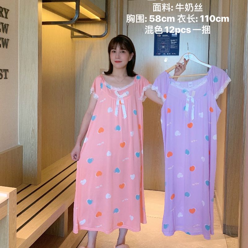 Women's pajamas nightdress women's summer bow pullover short sleeve lace long dress home dress can be worn outside pajamas