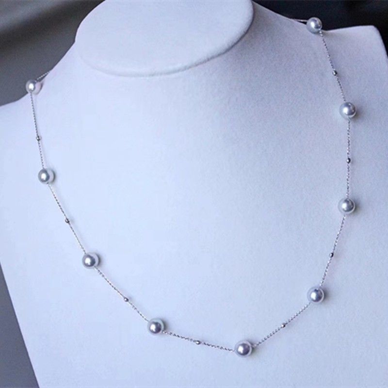 18K Gold Full Star Adjustable Round Bright Light Japan Akoya Pearl Makita Collarbone Chain Blue Rose Necklace Item Picture