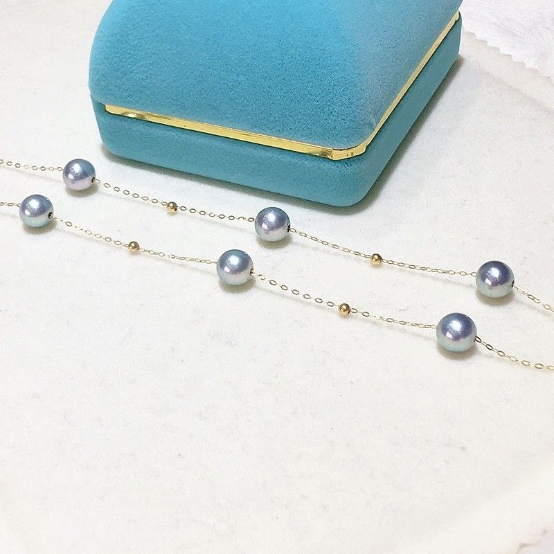 18K Gold Full Star Adjustable Round Bright Light Japan Akoya Pearl Makita Collarbone Chain Blue Rose Necklace details Picture