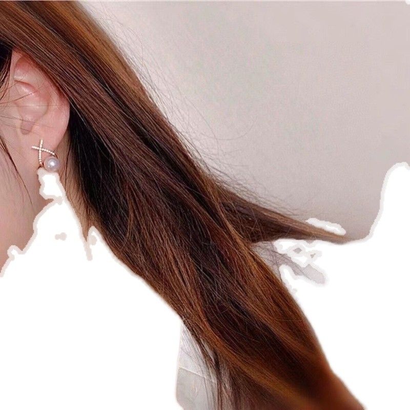 Fresh Water Pearl Earrings Female 925 Sterling Silver Temperament Goddess South Korea X Cross Earrings Simple New Earrings Item Picture