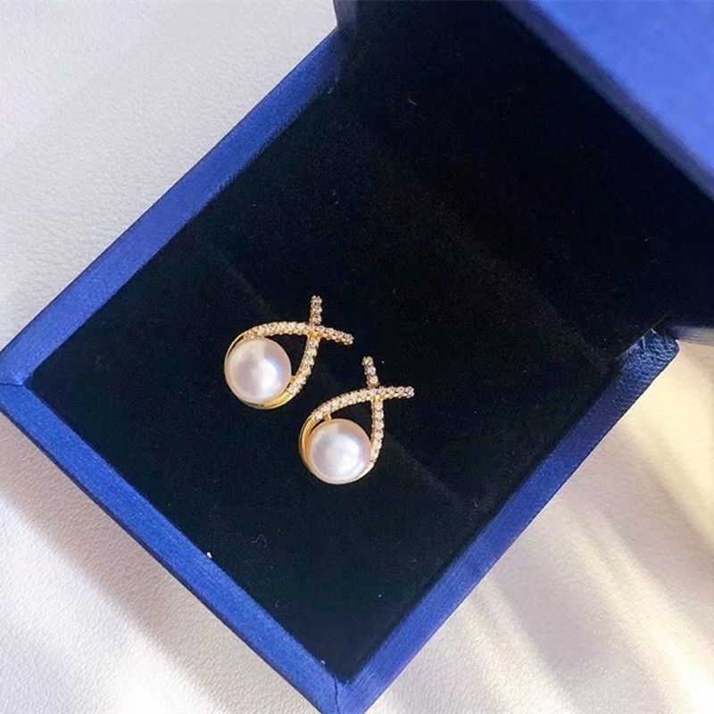 Fresh Water Pearl Earrings Female 925 Sterling Silver Temperament Goddess South Korea X Cross Earrings Simple New Earrings Specification drawing